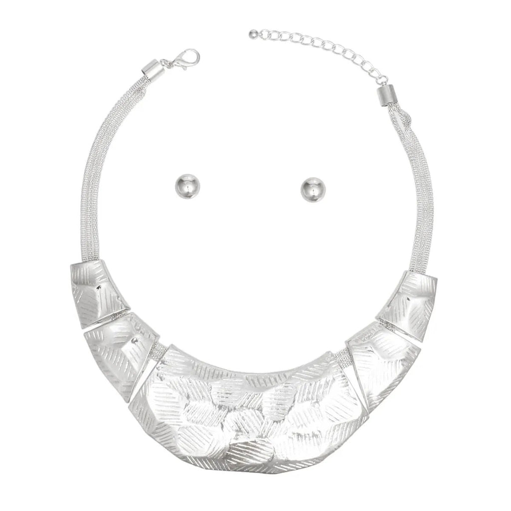 Women's Edgy Industrial Silver Metal Bib Necklace Set – Heavy Textured Plates & Stud Earrings