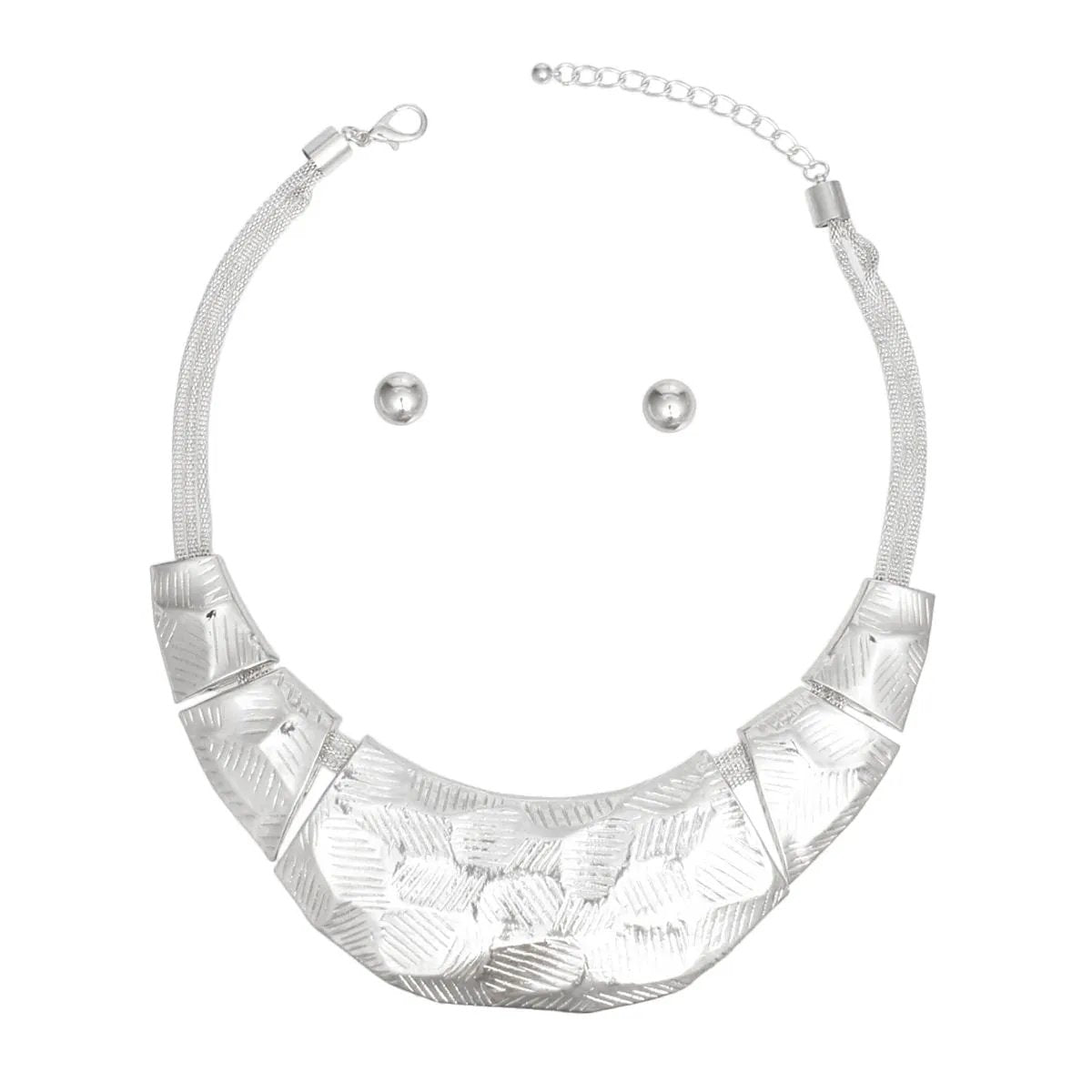Women's Edgy Industrial Silver Metal Bib Necklace Set – Heavy Textured Plates & Stud Earrings