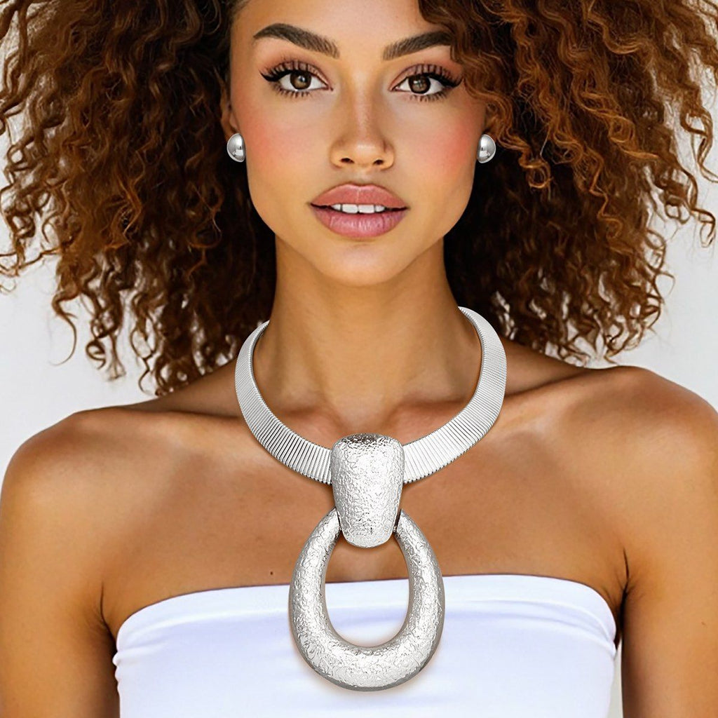 Silver Door Knocker Omega Chain Necklace Industrial Mod Pendant Set | Fashion Jewelry