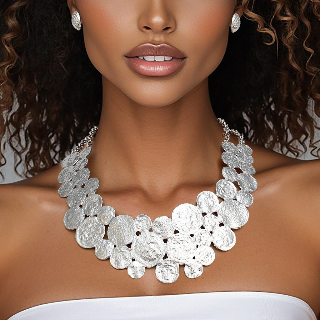 Industrial Style Silver Bib Necklace Set Women, Double Chain, Hammered Circles
