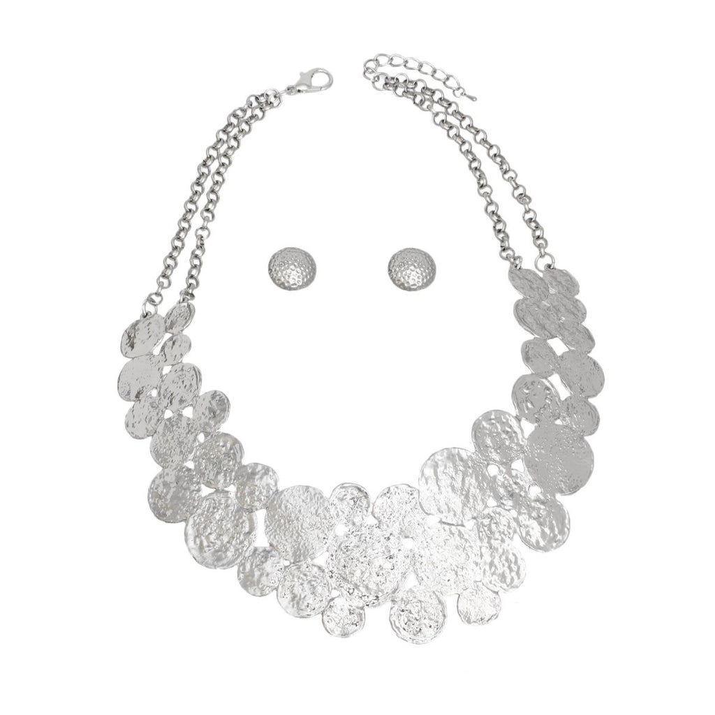 Industrial Style Silver Bib Necklace Set Women, Double Chain, Hammered Circles