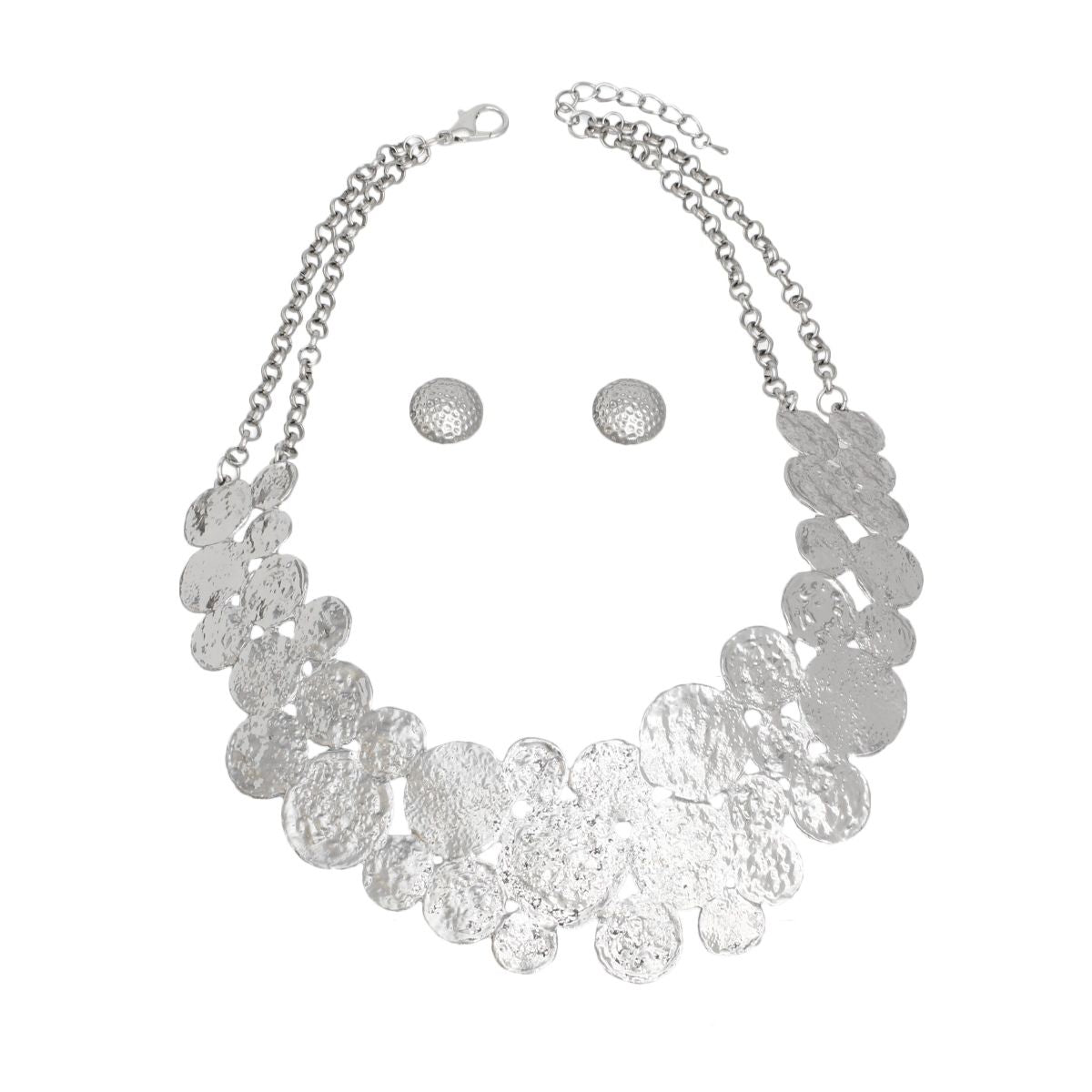 Industrial Style Silver Bib Necklace Set Women, Double Chain, Hammered Circles