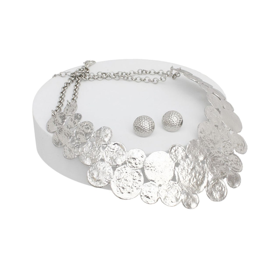 Industrial Style Silver Bib Necklace Set Women, Double Chain, Hammered Circles