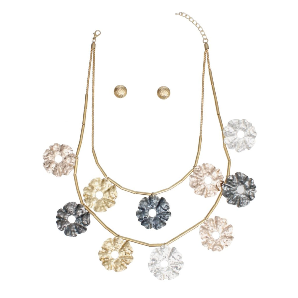 Statement Mixed Metal Necklace Wavy Disc Double Layer Gold