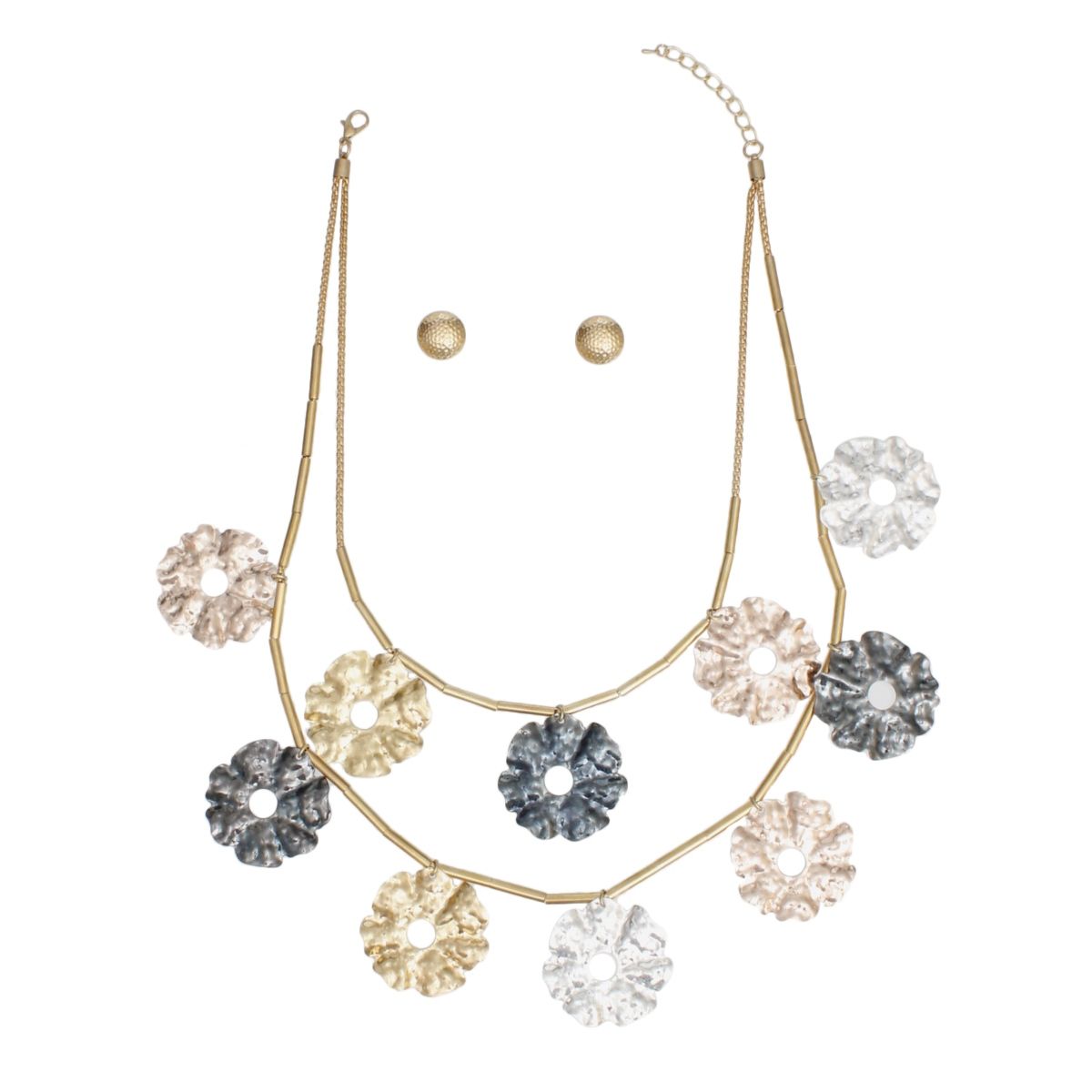 Statement Mixed Metal Necklace Wavy Disc Double Layer Gold