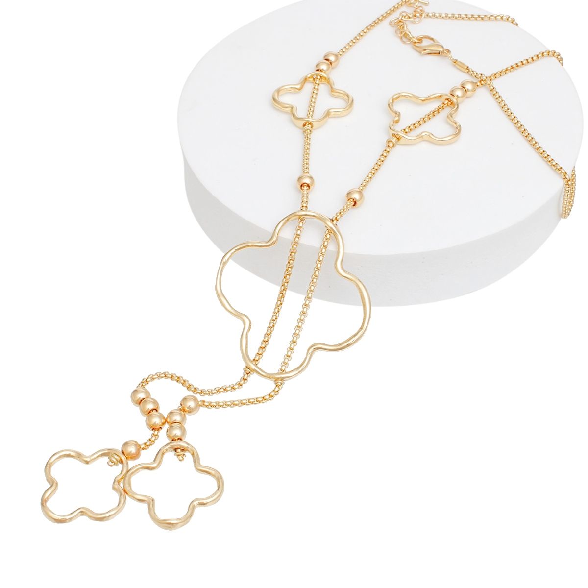 Gold Quatrefoil Drop Necklace Clover Cut-Out Design | Fashion Jewelry
