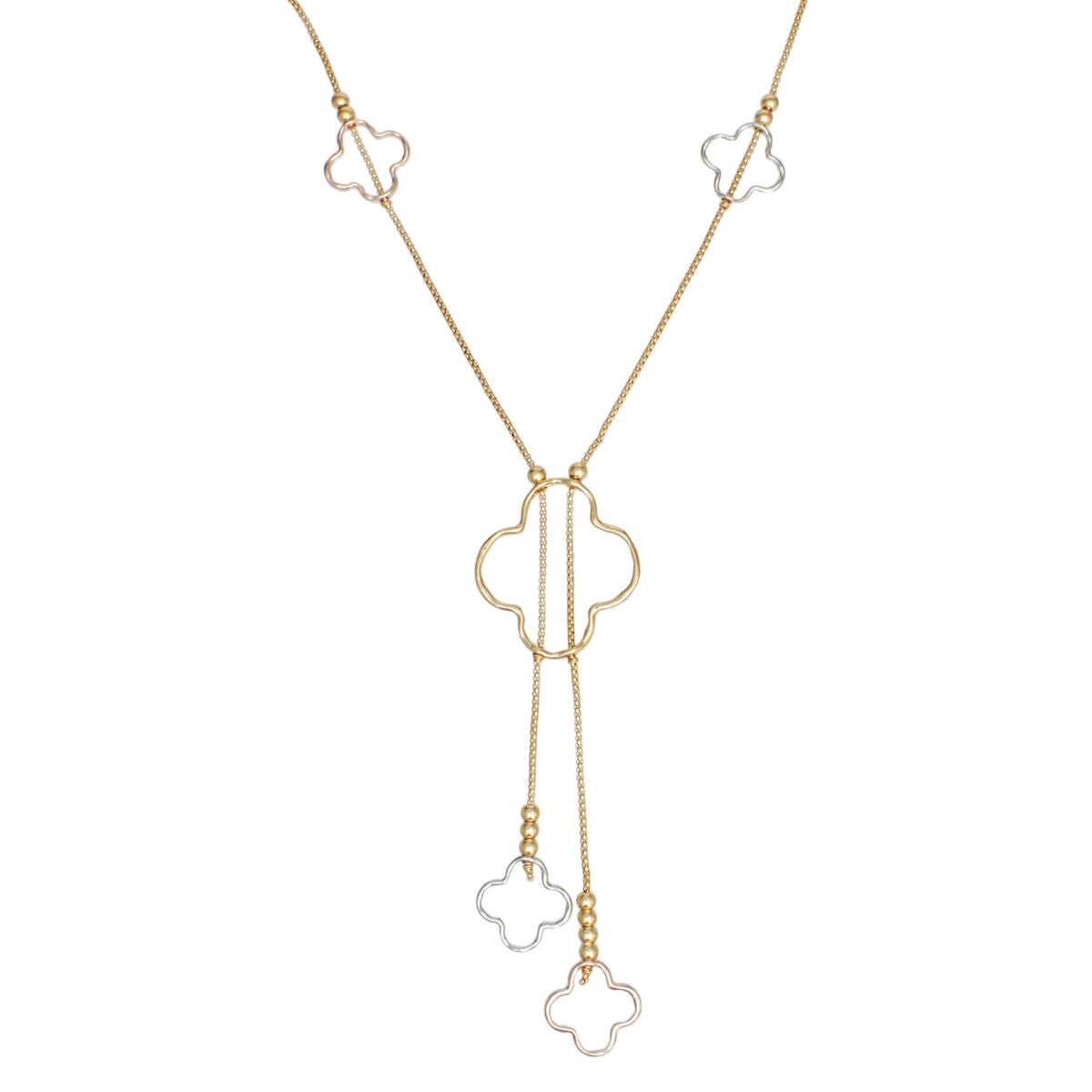 Gold Box Chain Necklace Mixed Metal Quatrefoil Drop Fashion Jewelry