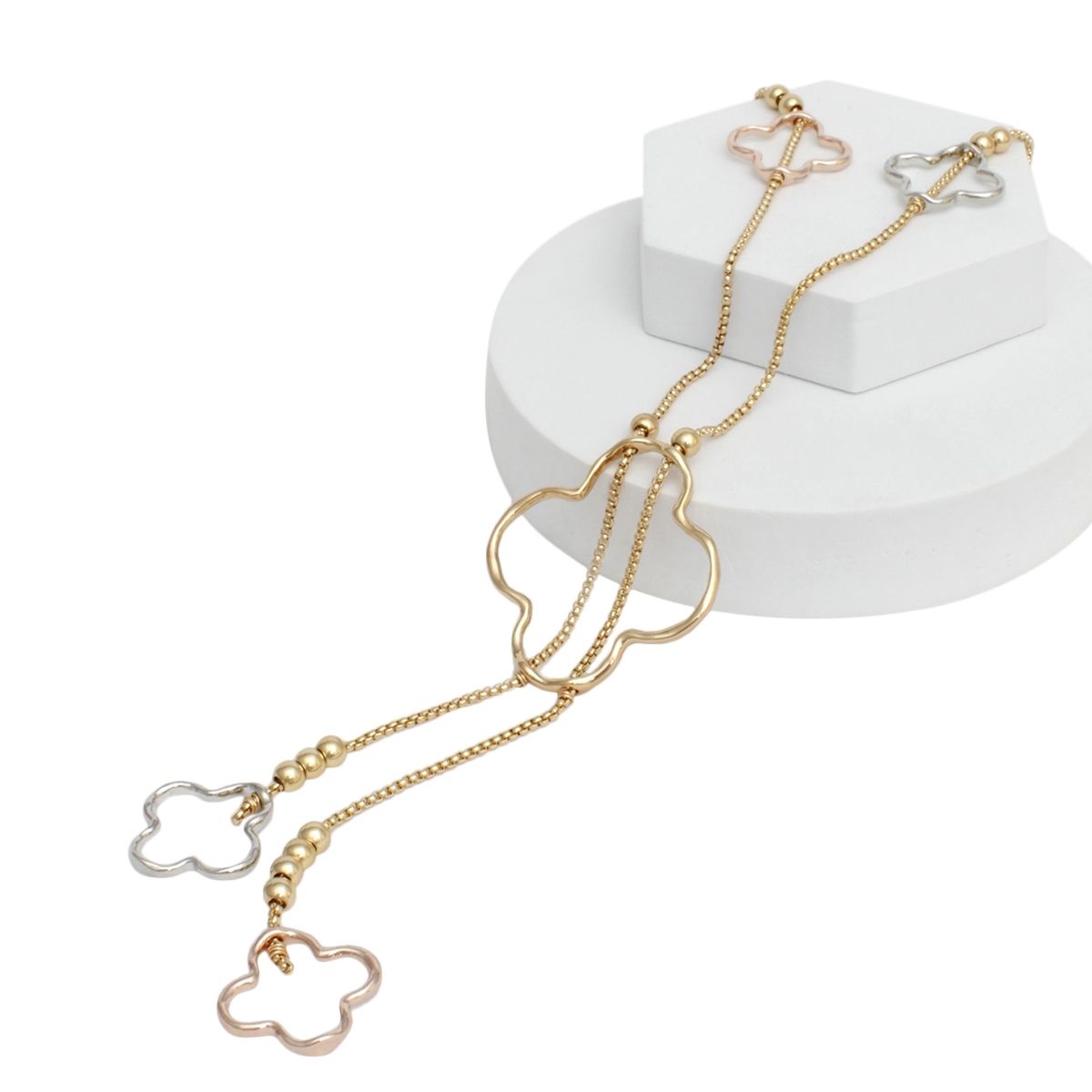 Gold Box Chain Necklace Mixed Metal Quatrefoil Drop Fashion Jewelry