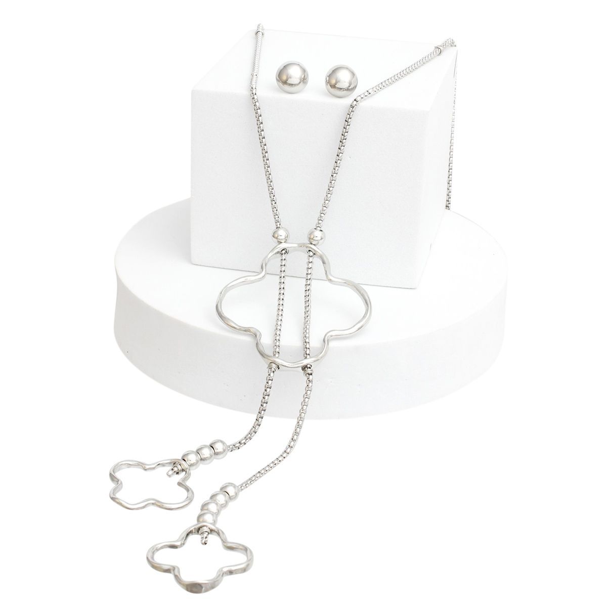 Silver Quatrefoil Drop Necklace Clover Cut-Out Design | Fashion Jewelry