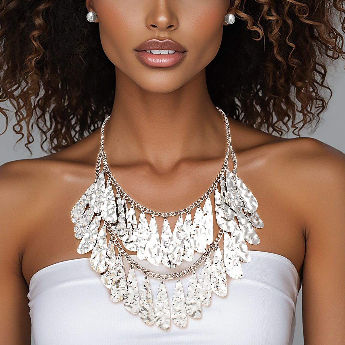Tiered Hammered Silver Bib Necklace with Organic Teardrops