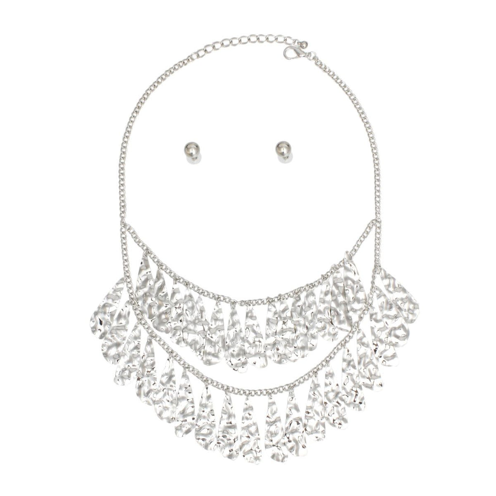 Tiered Hammered Silver Bib Necklace with Organic Teardrops