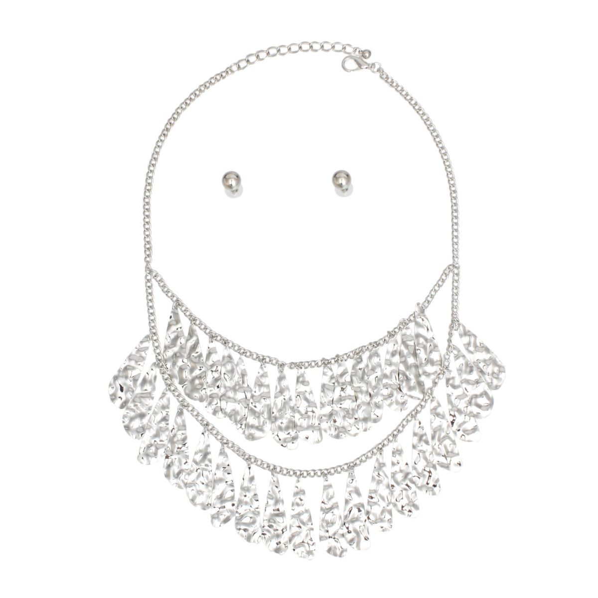 Tiered Hammered Silver Bib Necklace with Organic Teardrops