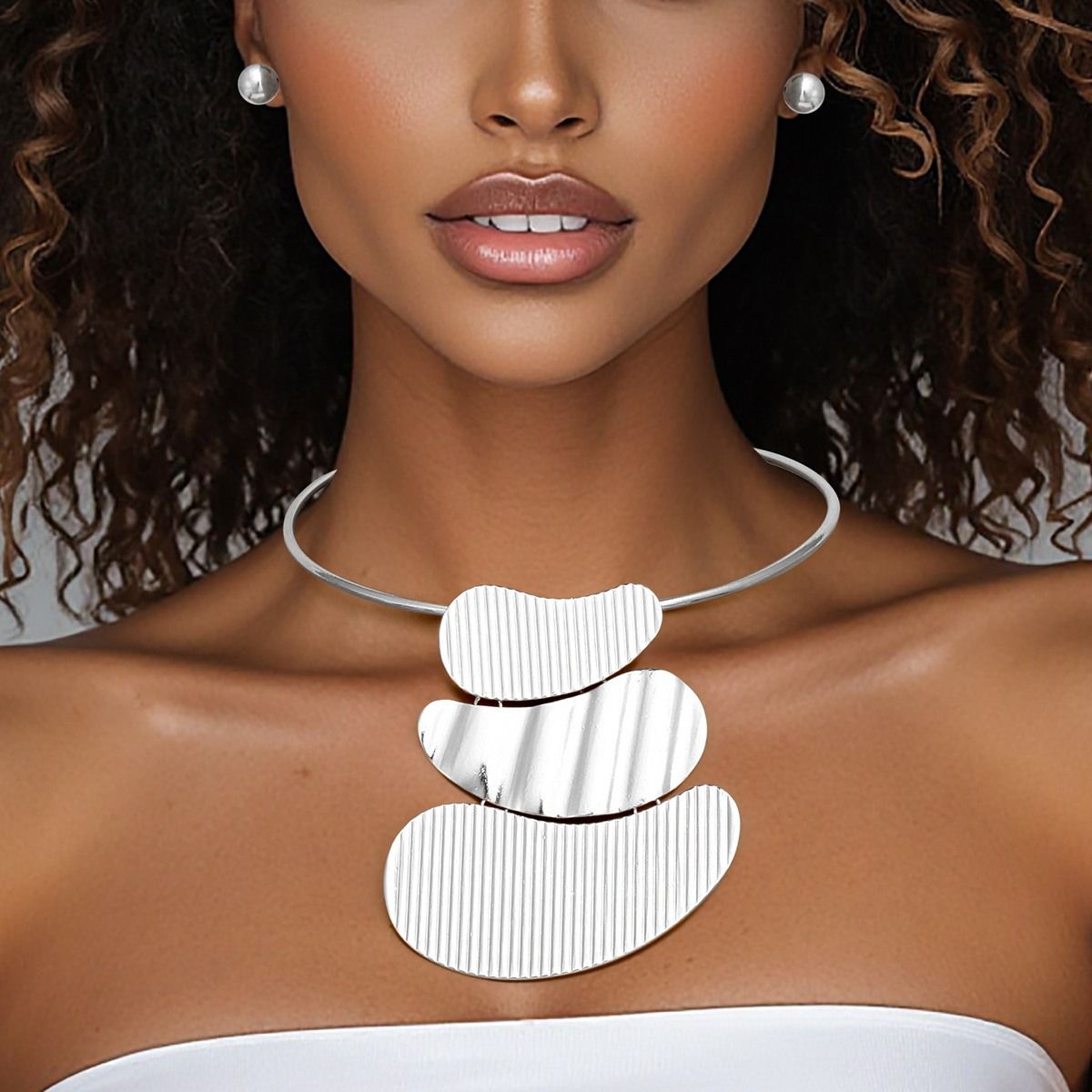 Sculptural Silver Collar Necklace Set Women Tiered Ribbed Statement