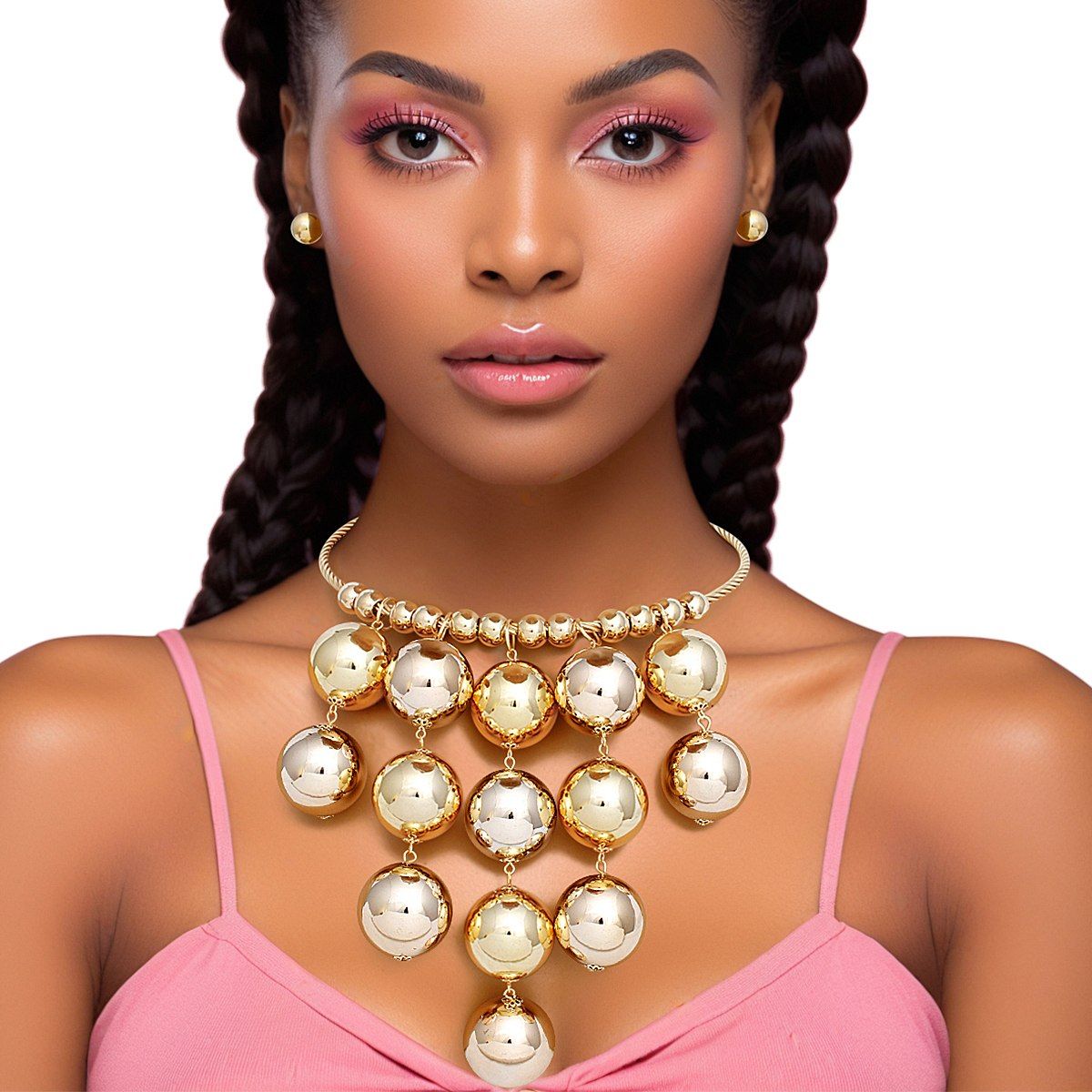Mixed Metal Collar Necklace Chunky Ball Bead Drop Bib Set