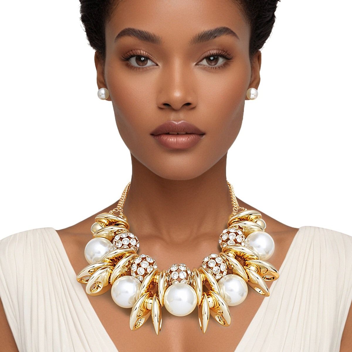 Gold Bib Necklace Set Chunky Pearl Statement Necklace & Earrings | Fashion Jewelry