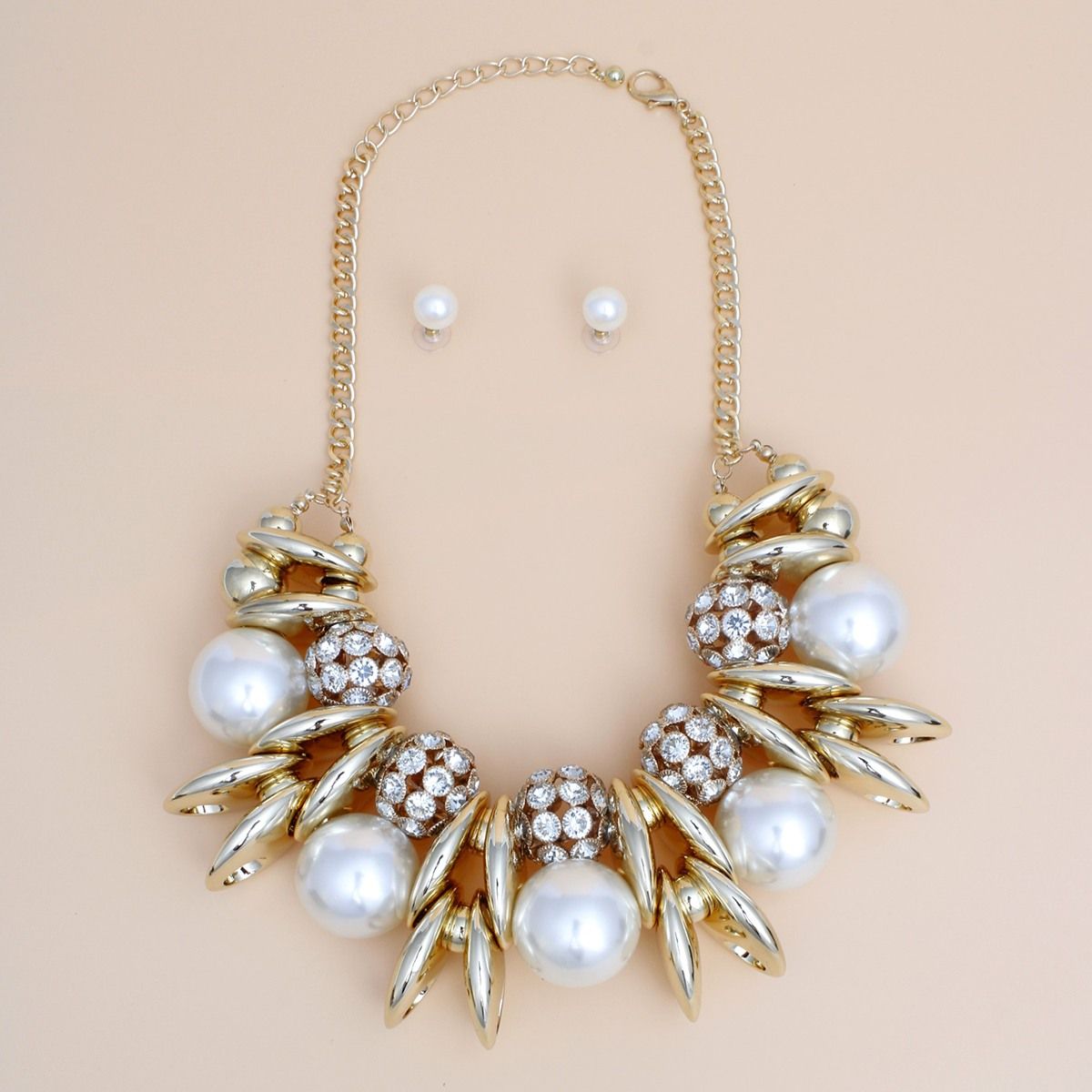 Gold Bib Necklace Set Chunky Pearl Statement Necklace & Earrings | Fashion Jewelry