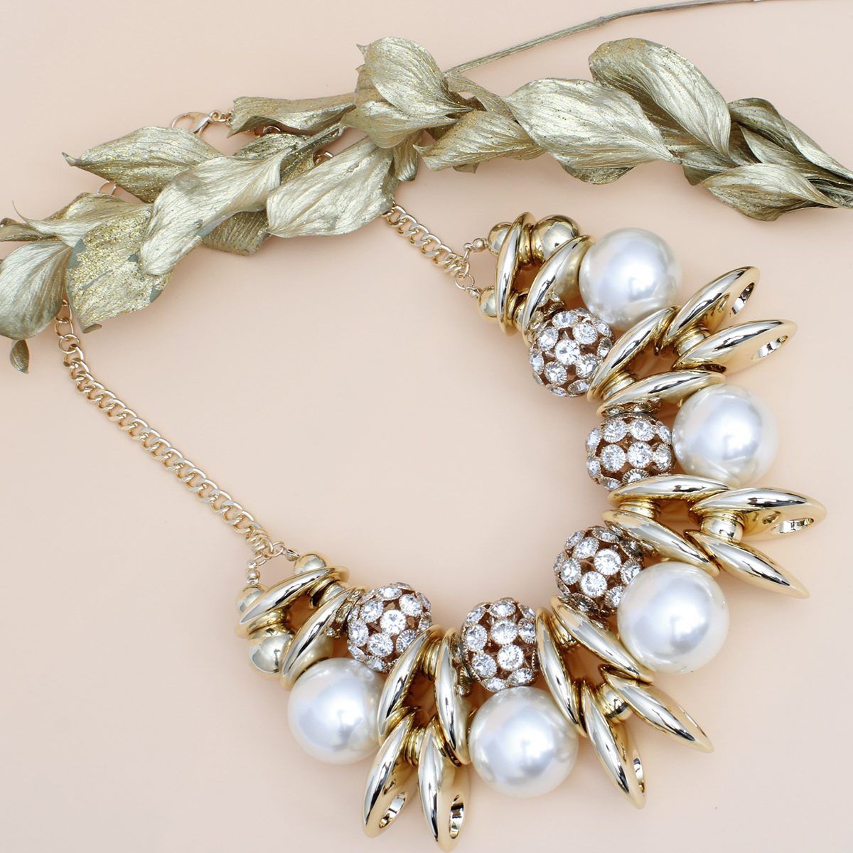 Gold Bib Necklace Set Chunky Pearl Statement Necklace & Earrings | Fashion Jewelry