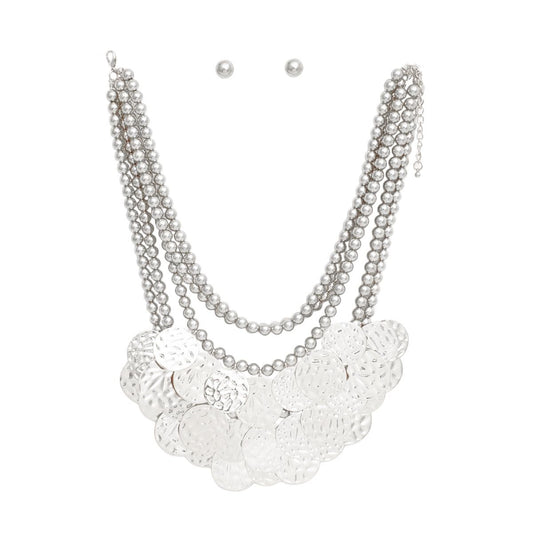 5 Strand Silver-Tone Hammered Metal Bib Necklace Set Pinktown