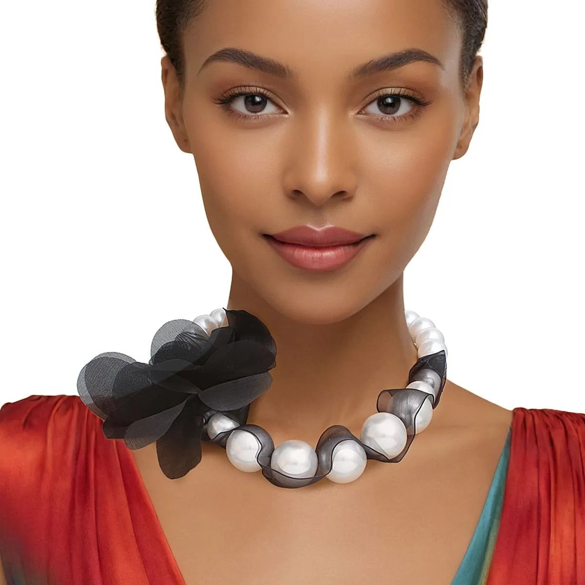 Graduated Acrylic Pearl Necklace with Black Mesh & Floral Detail