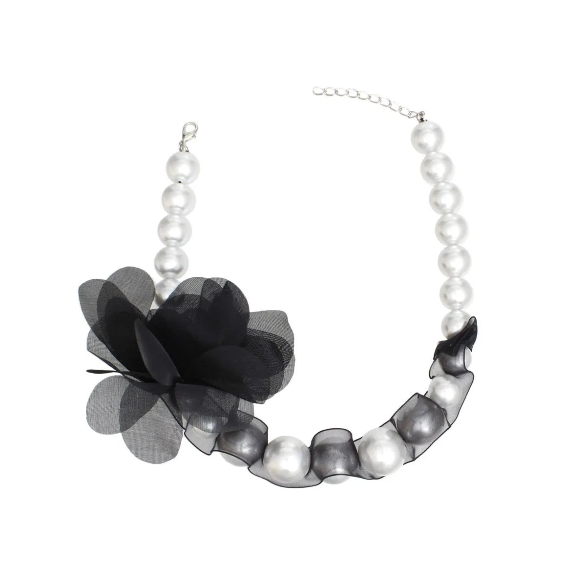 Graduated Acrylic Pearl Necklace with Black Mesh & Floral Detail