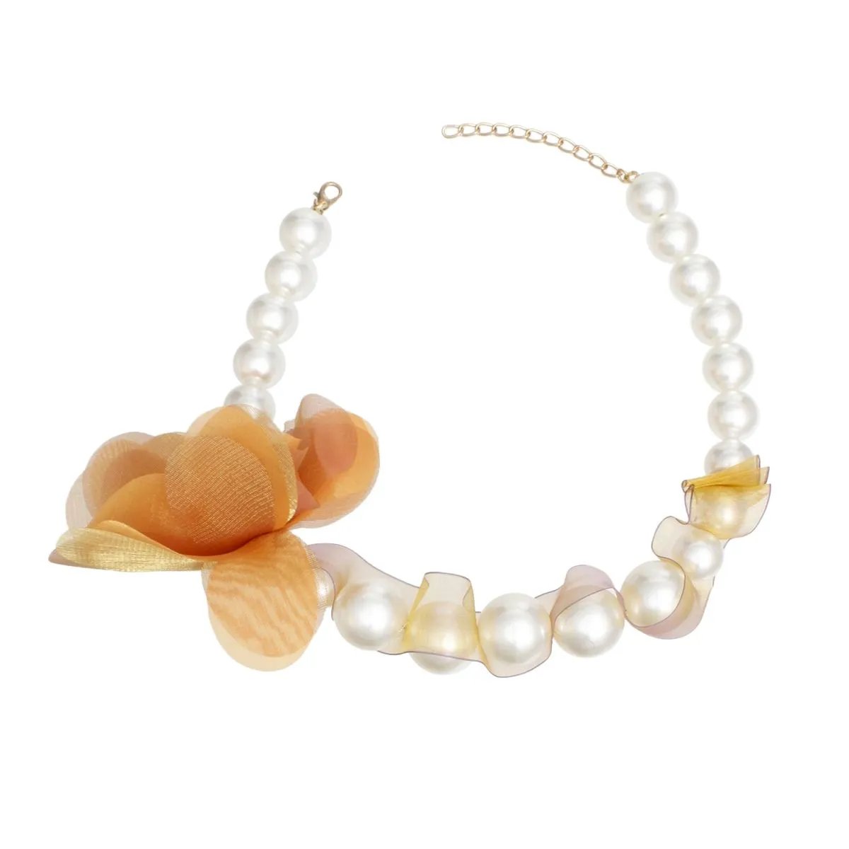 Graduated Acrylic Pearl Necklace with Orange-Brown Mesh & Floral Detail