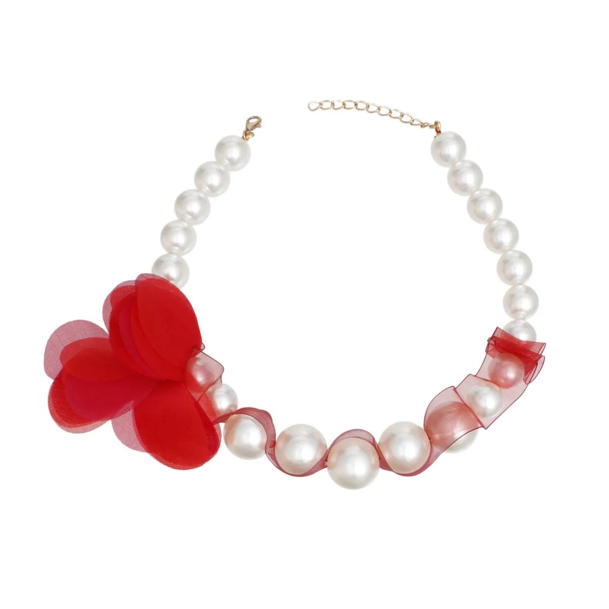 Graduated Acrylic Pearl Necklace with Red Mesh & Floral Detail