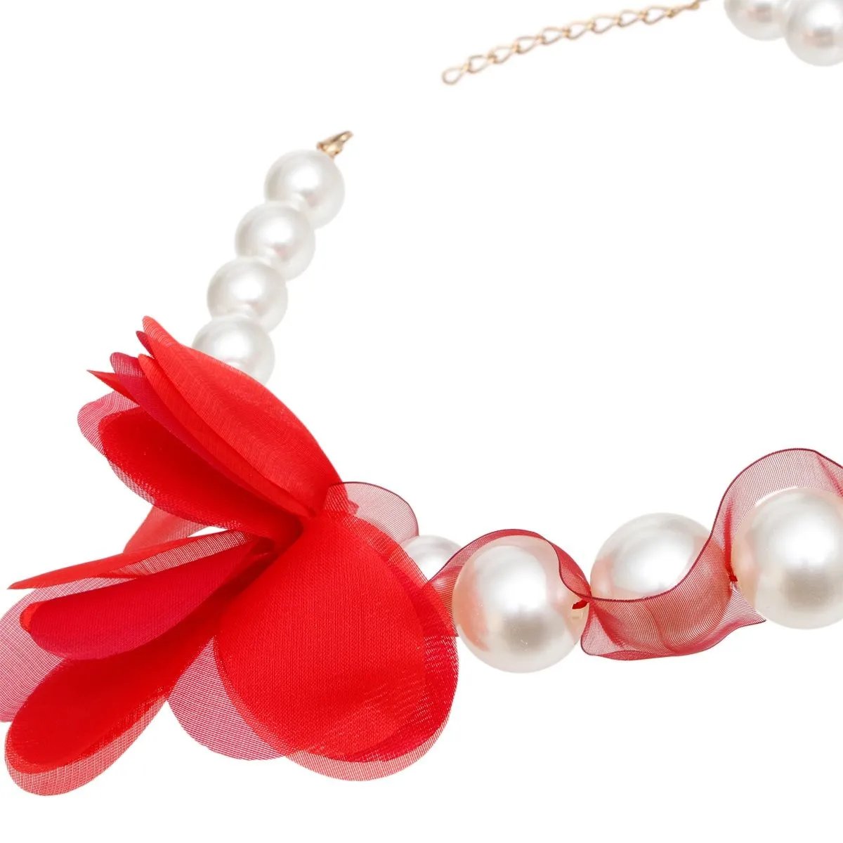 Graduated Acrylic Pearl Necklace with Red Mesh & Floral Detail