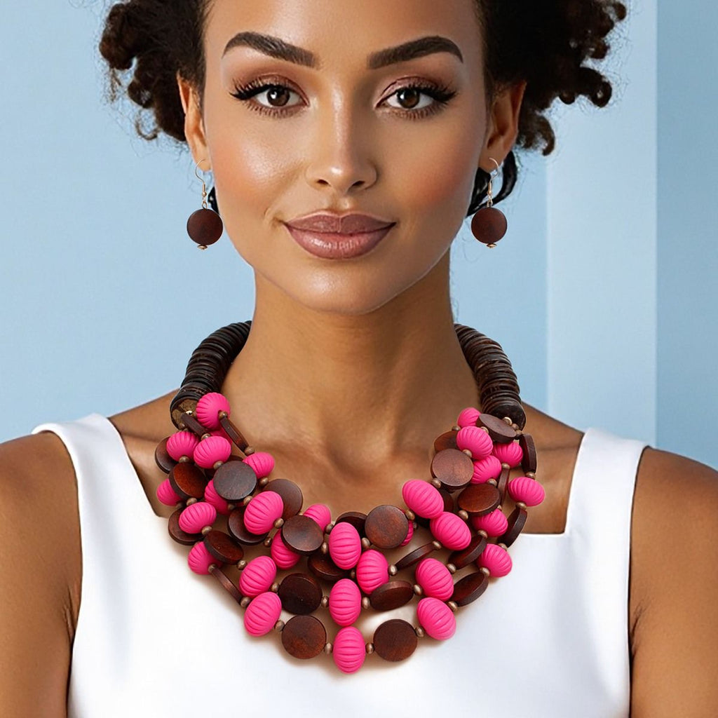 Layered Fuchsia Acrylic and Brown Coconut Bead Statement Necklace Set