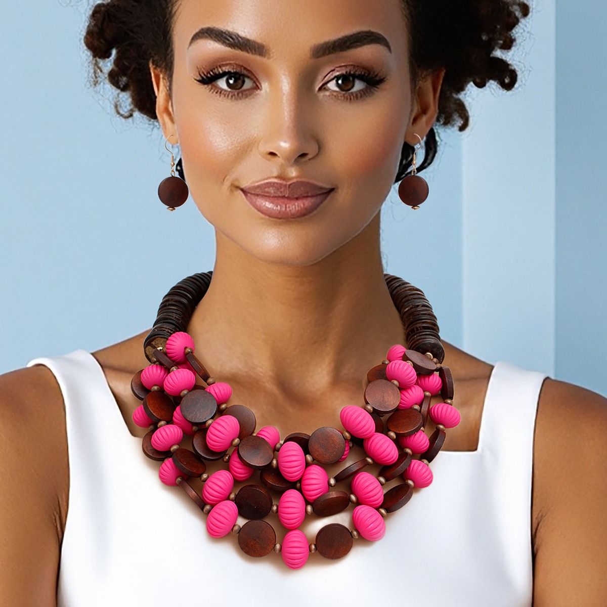 Layered Fuchsia Acrylic and Brown Coconut Bead Statement Necklace Set