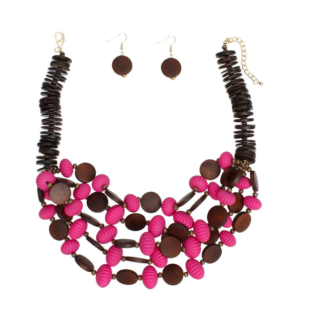 Layered Fuchsia Acrylic and Brown Coconut Bead Statement Necklace Set