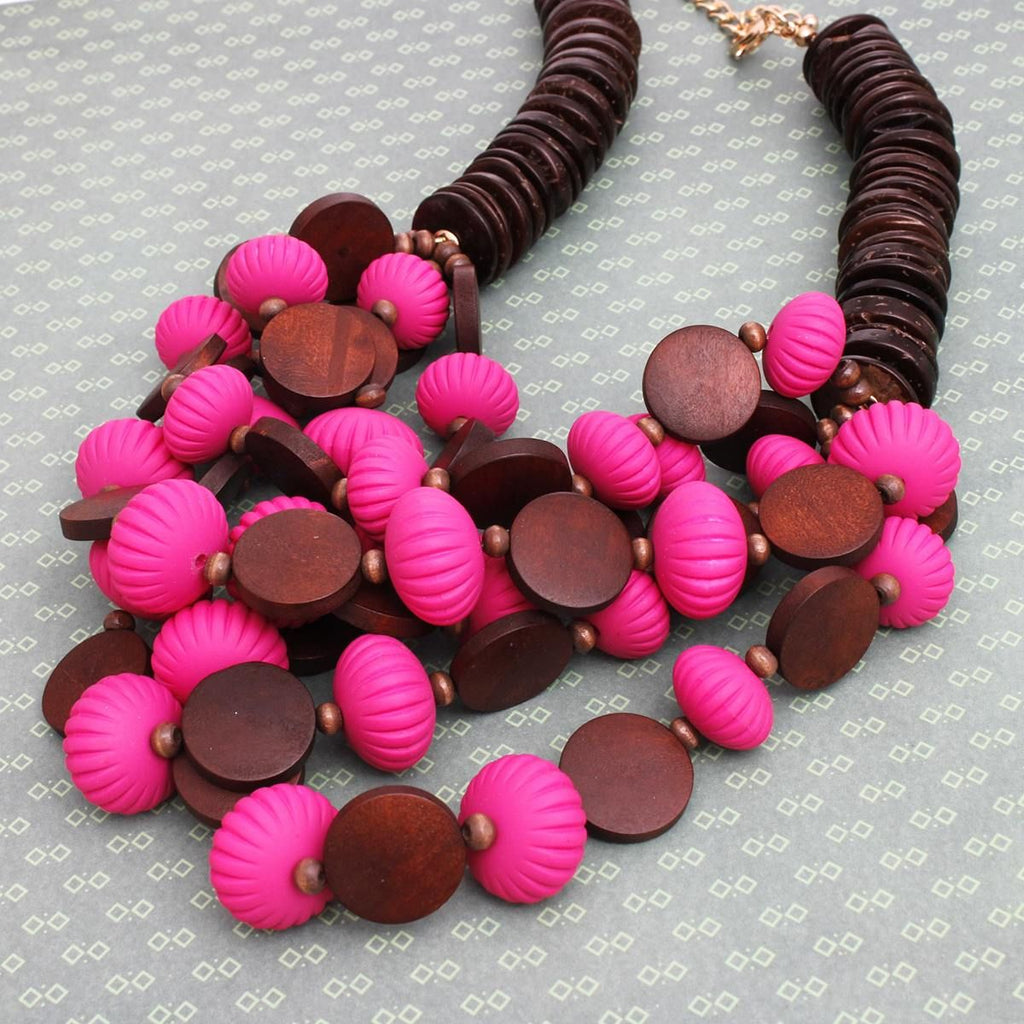 Layered Fuchsia Acrylic and Brown Coconut Bead Statement Necklace Set