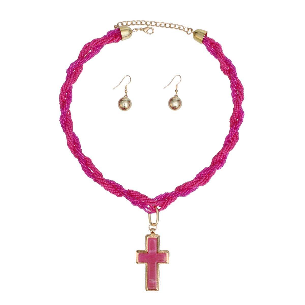 Fuchsia Torsad Cross Necklace Marbled Resin Pendant
