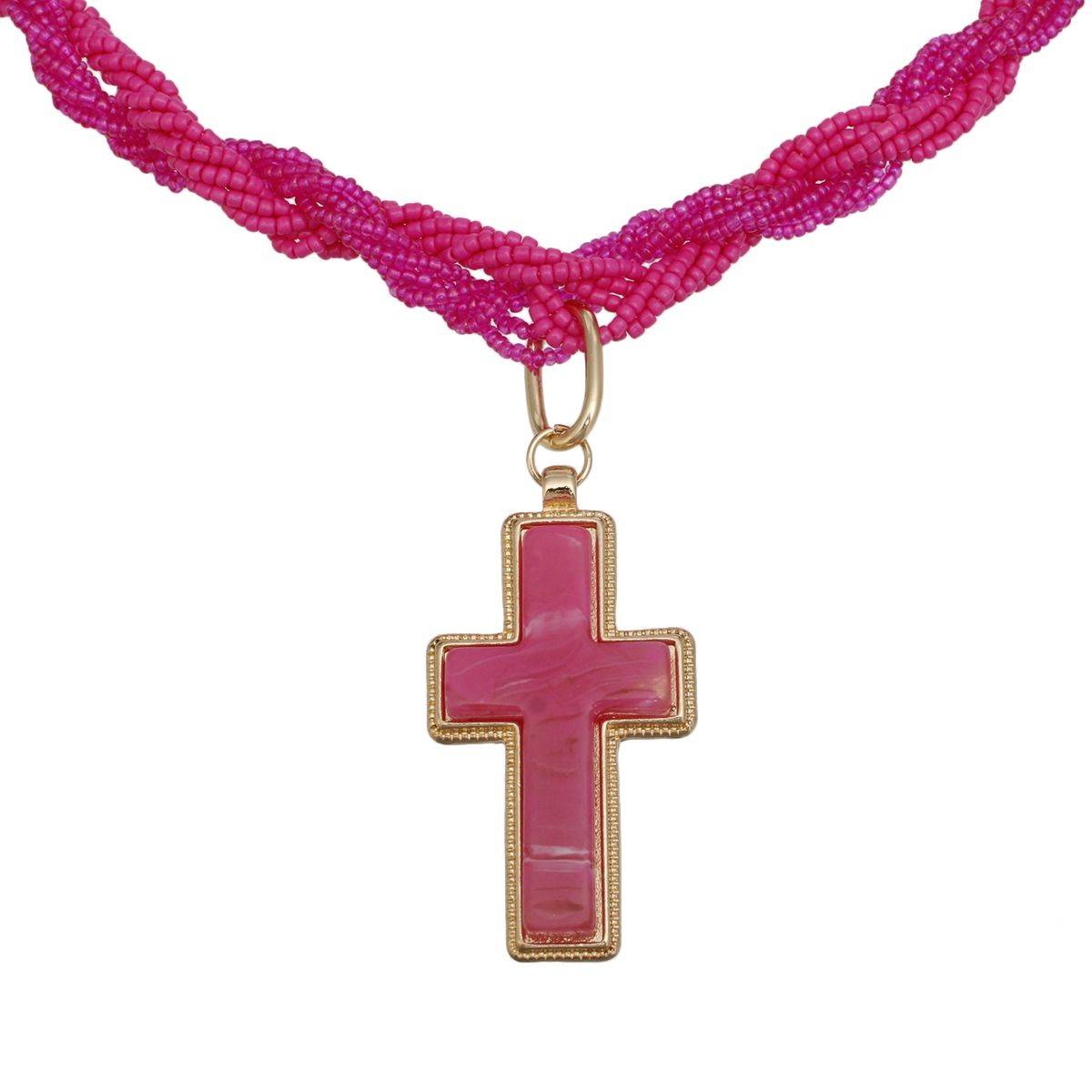 Fuchsia Torsad Cross Necklace Marbled Resin Pendant