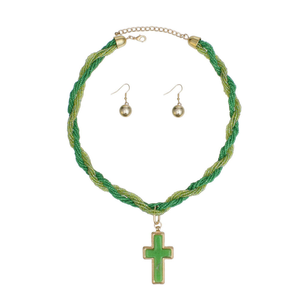 Green Torsad Cross Necklace Marbled Resin Pendant
