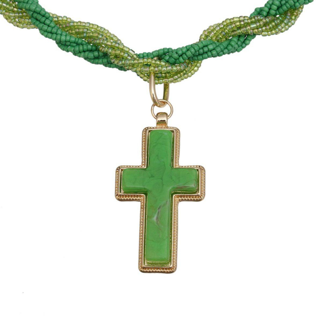 Green Torsad Cross Necklace Marbled Resin Pendant