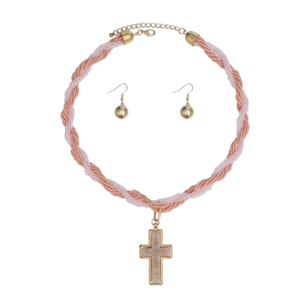 Pastel Pink Torsad Cross Necklace Marbled Resin Pendant