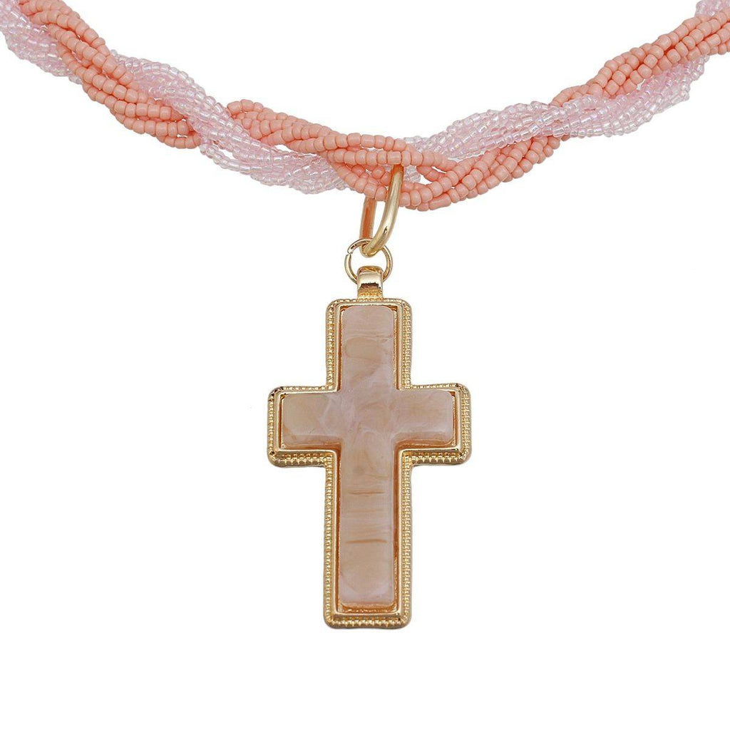 Pastel Pink Torsad Cross Necklace Marbled Resin Pendant
