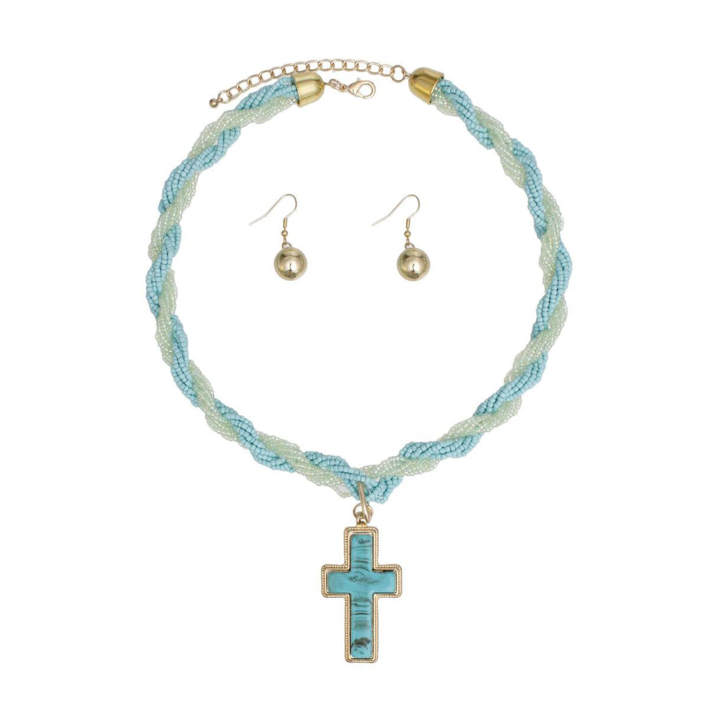 Turquoise Torsad Cross Necklace Marbled Resin Pendant