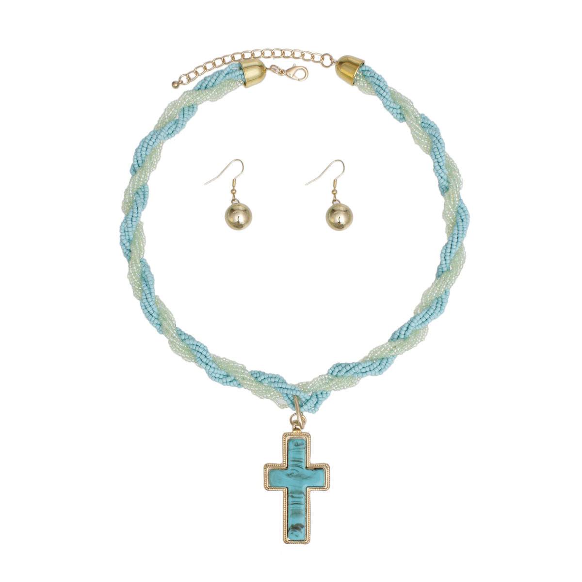Turquoise Torsad Cross Necklace Marbled Resin Pendant