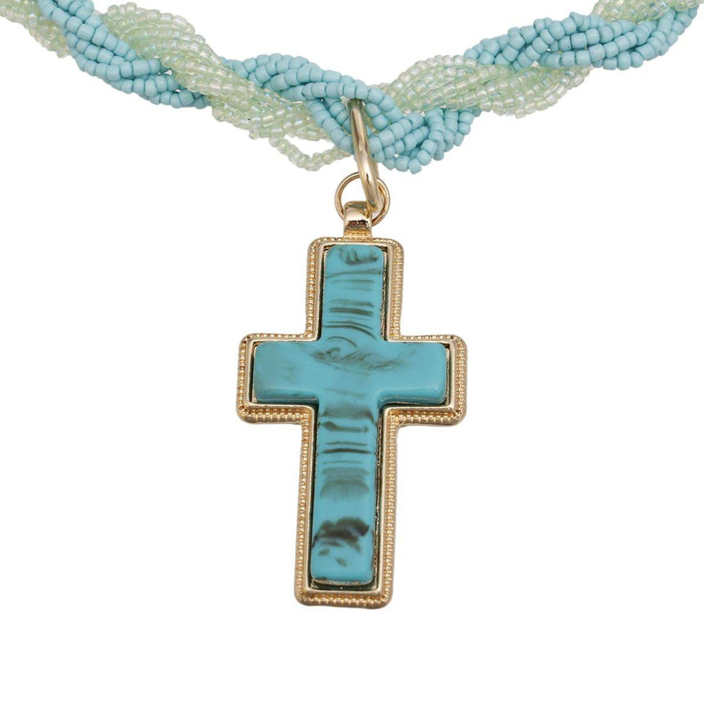 Turquoise Torsad Cross Necklace Marbled Resin Pendant
