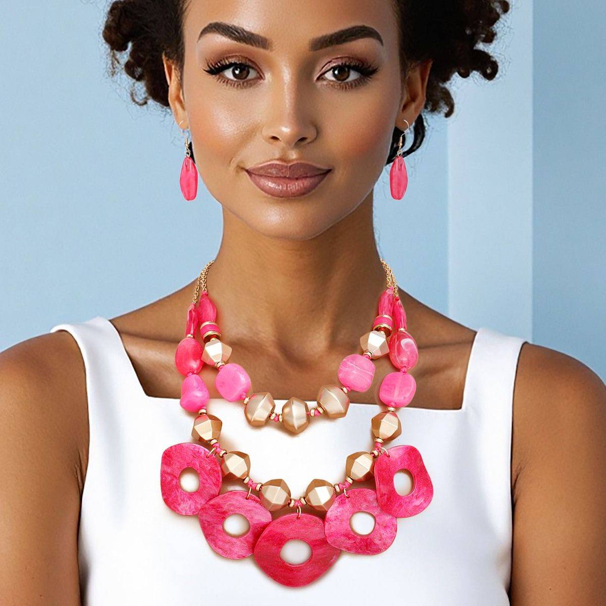 Pink Double Layer Necklace Set | Marbled Acrylic Statement Jewelry