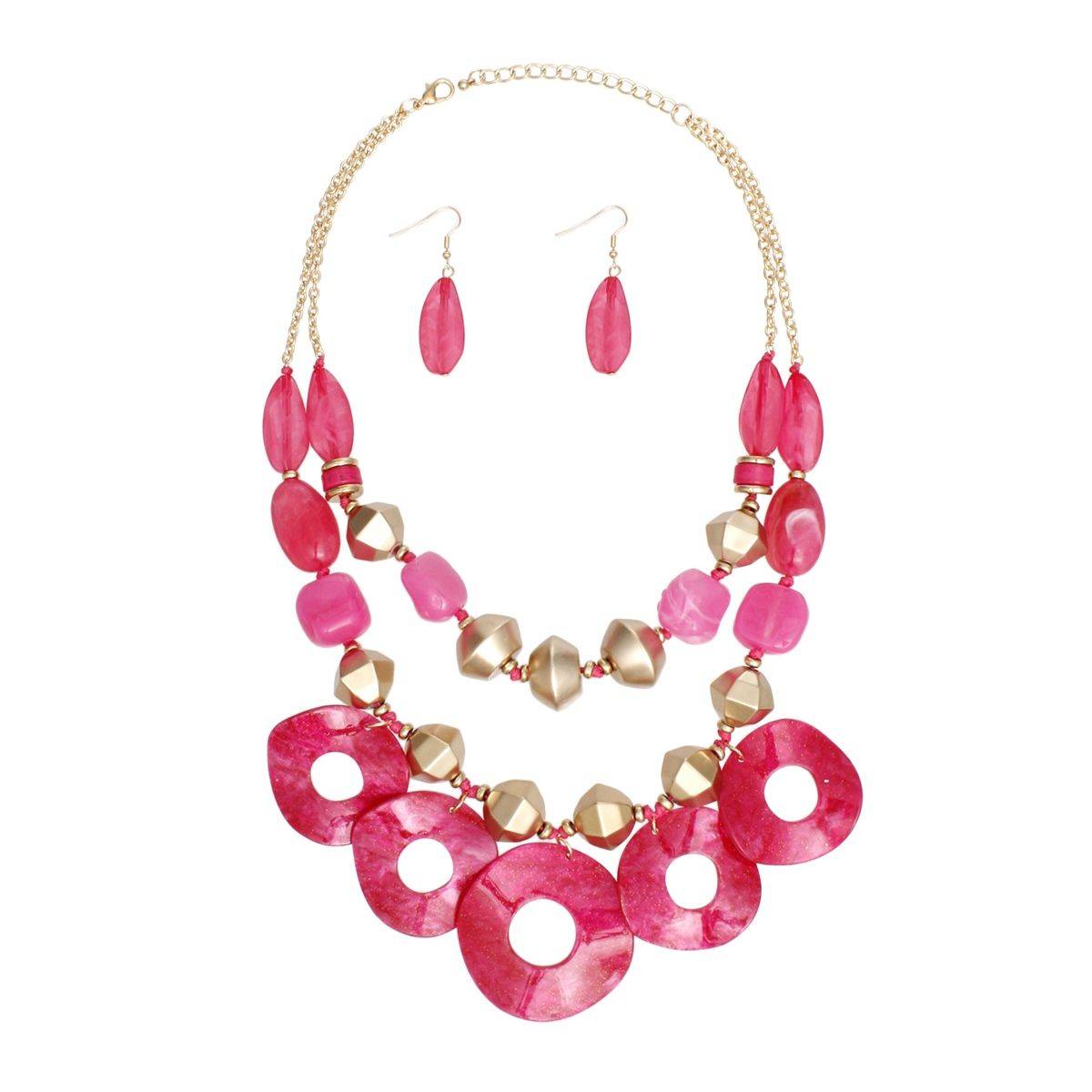 Pink Double Layer Necklace Set | Marbled Acrylic Statement Jewelry