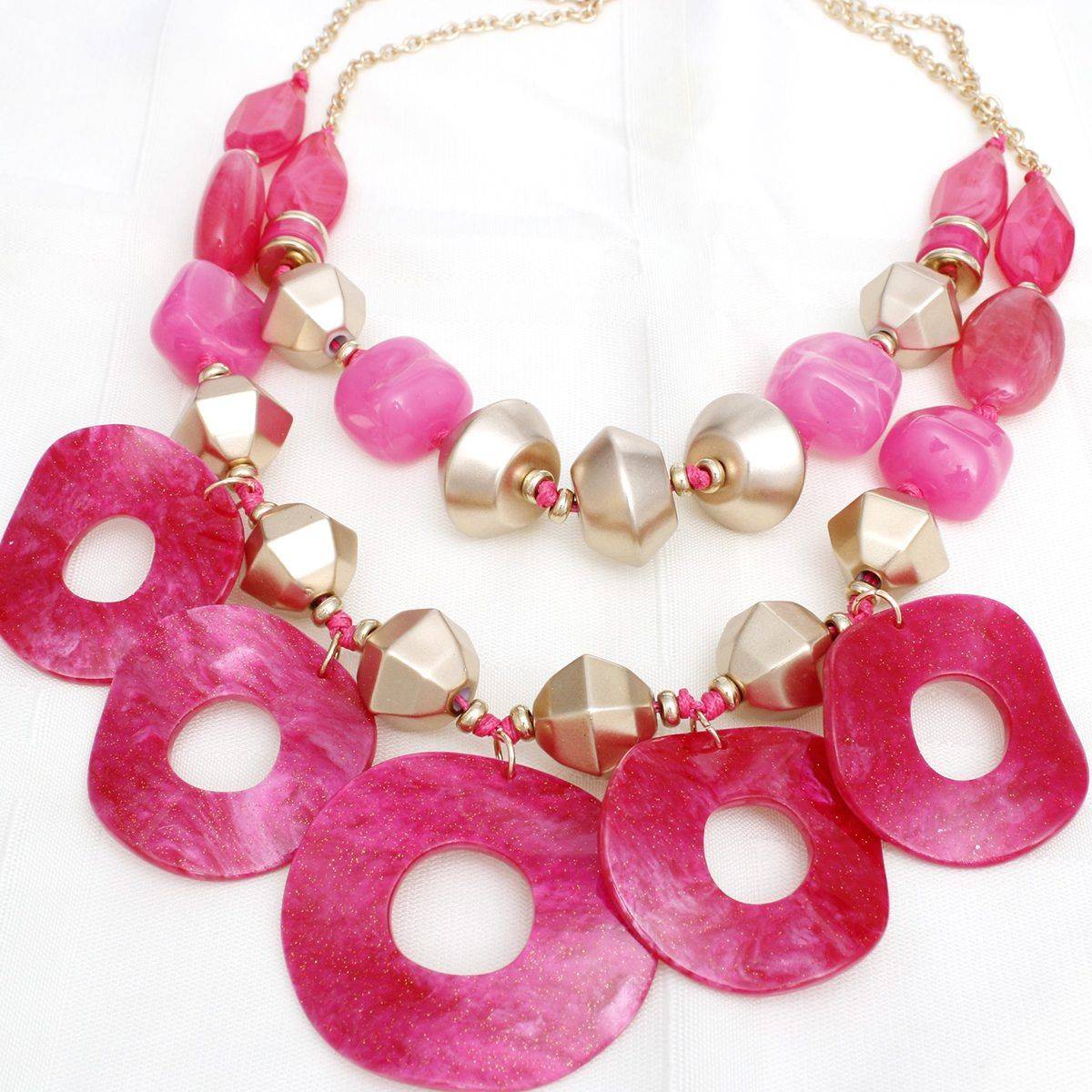 Pink Double Layer Necklace Set | Marbled Acrylic Statement Jewelry