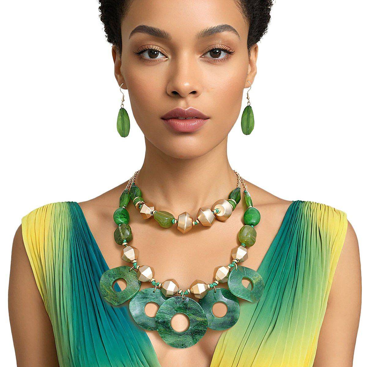 Green Double Layer Necklace Set | Marbled Acrylic Statement Jewelry