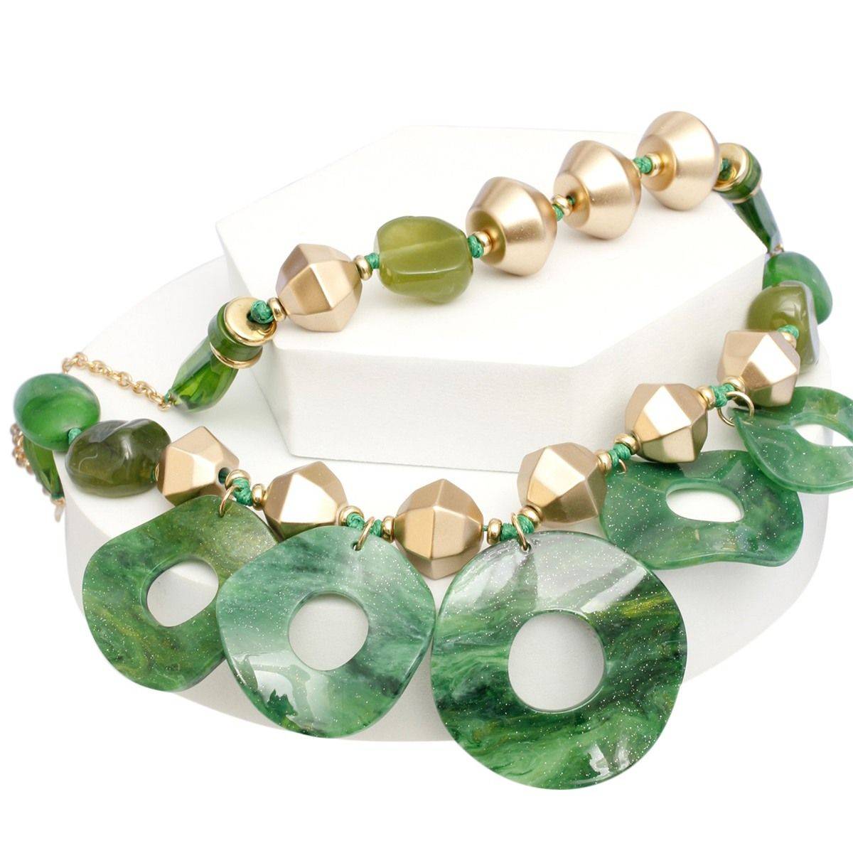 Green Double Layer Necklace Set | Marbled Acrylic Statement Jewelry