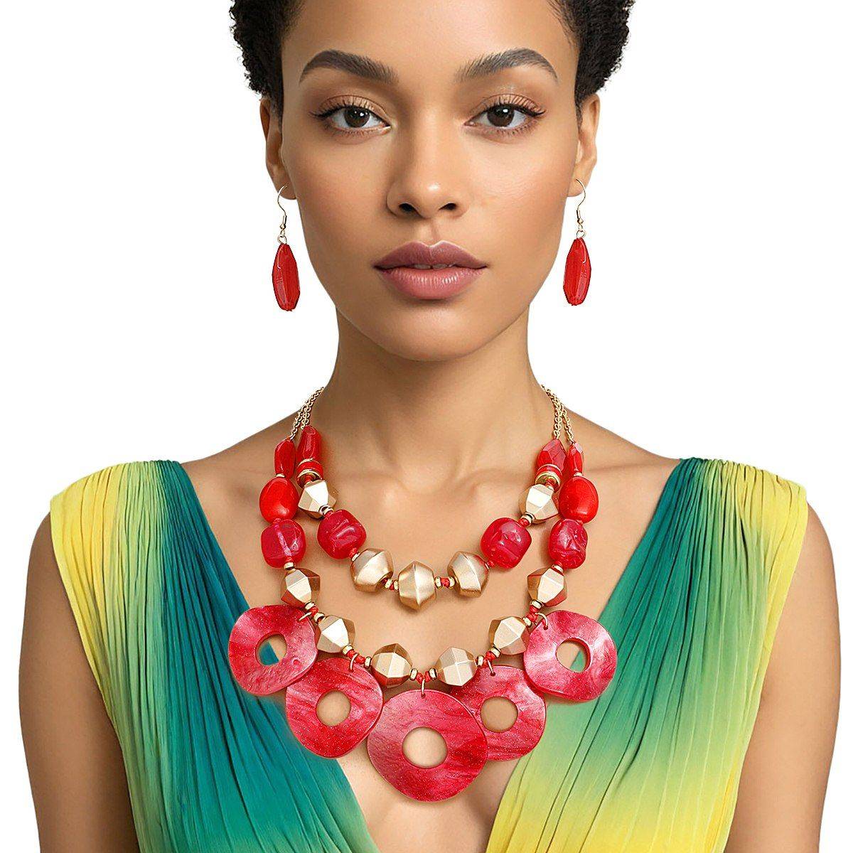 Red Double Layer Necklace Set | Marbled Acrylic Statement Jewelry