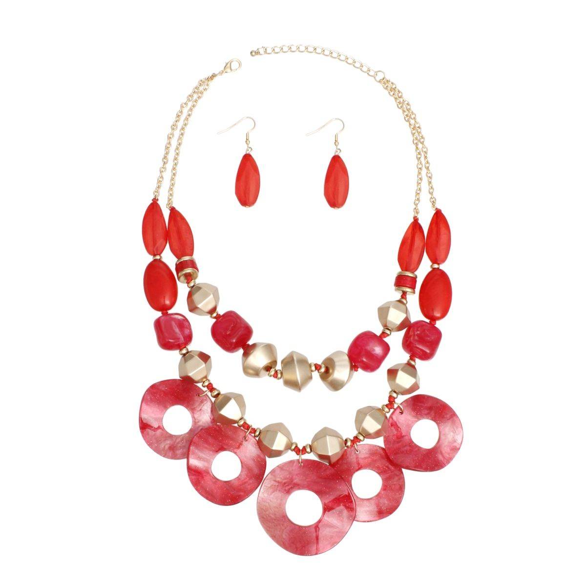Red Double Layer Necklace Set | Marbled Acrylic Statement Jewelry