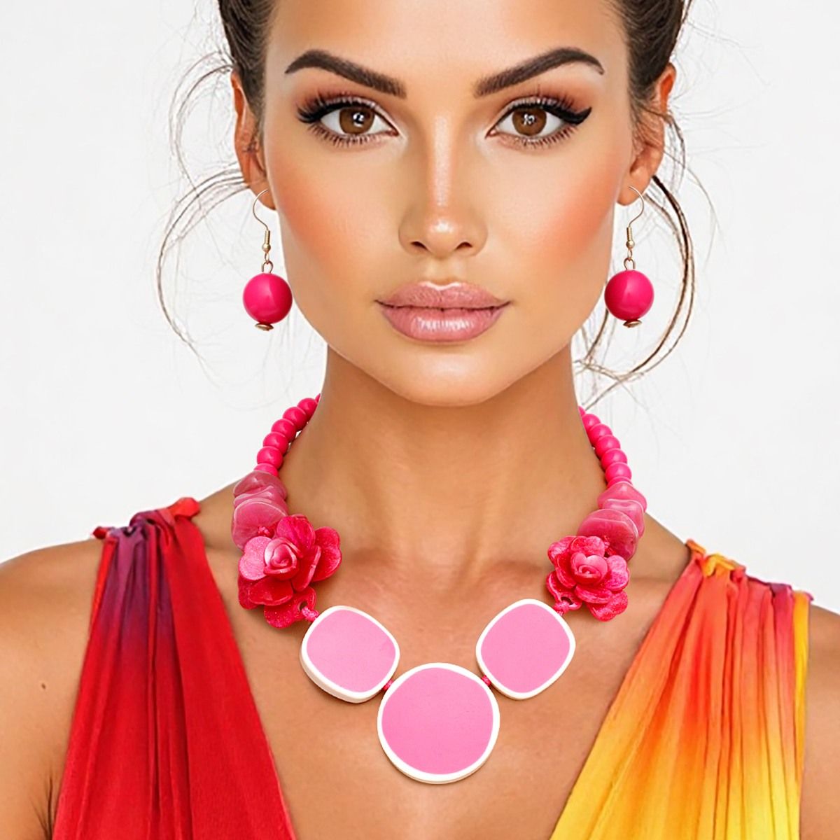 Women’s Beaded Necklace Set Pink Bold Flowers