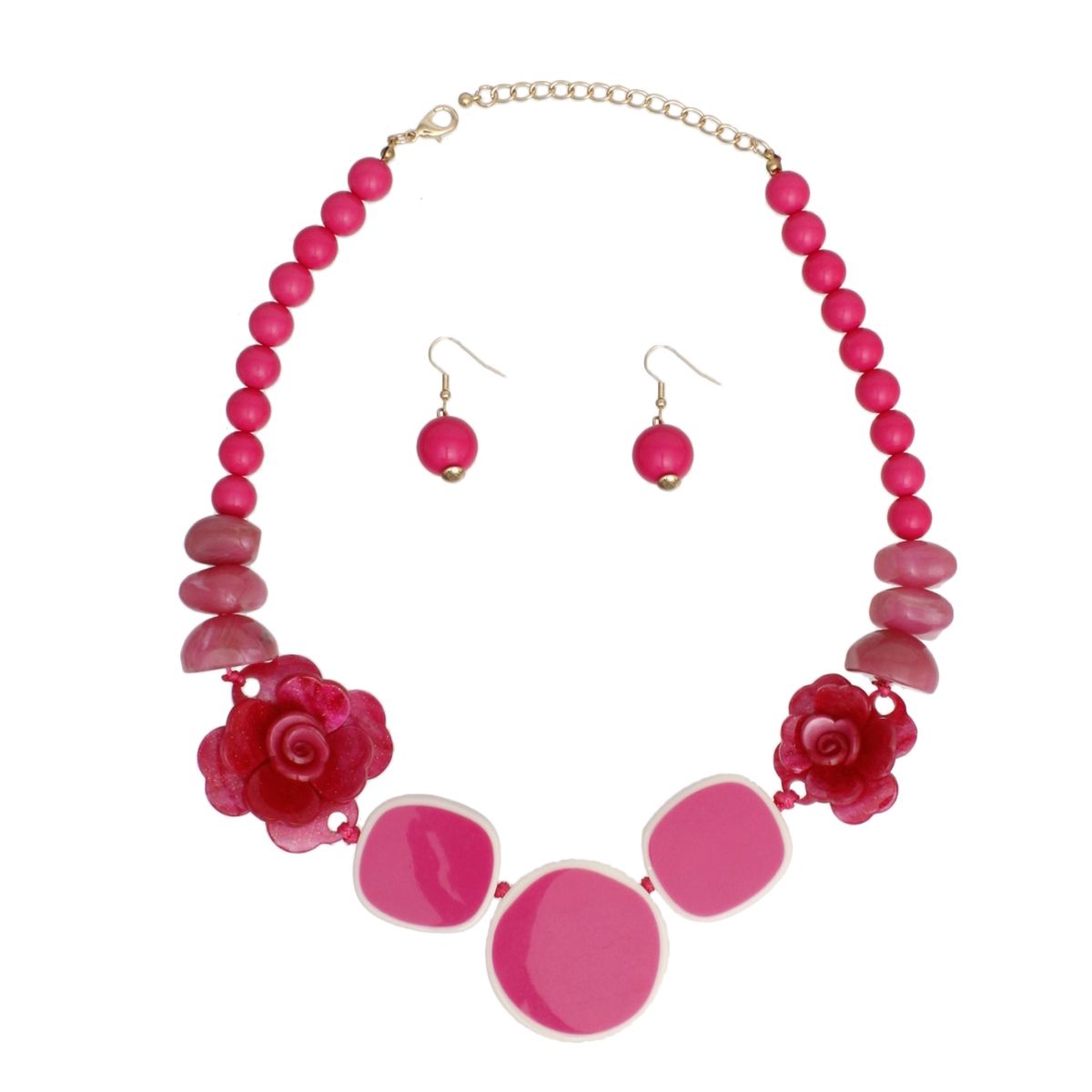 Women’s Beaded Necklace Set Pink Bold Flowers