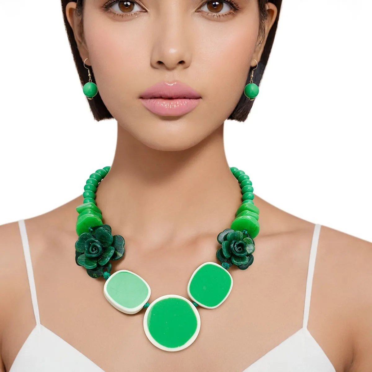 Green Beaded Flower Necklace with Matching Earrings